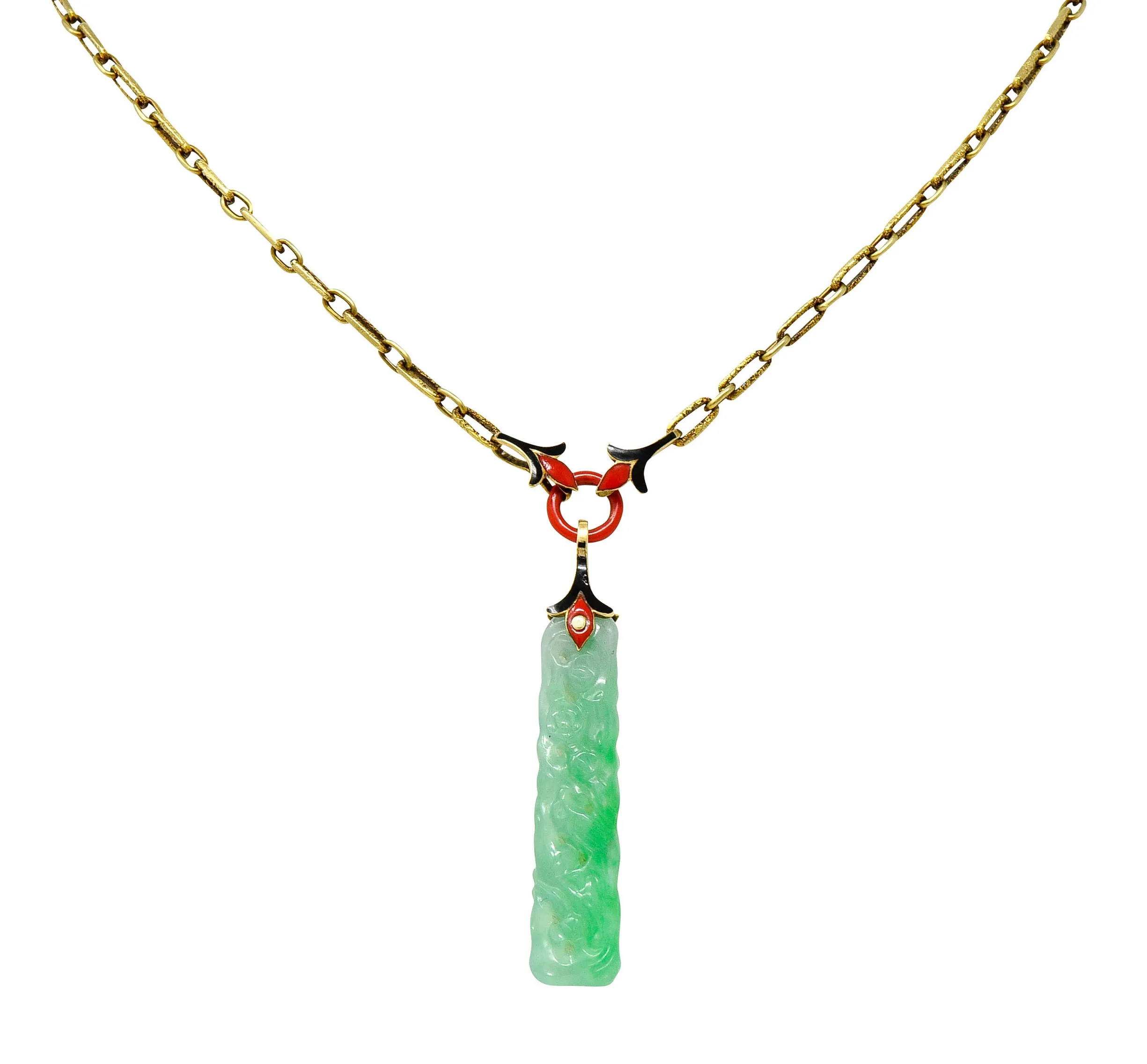 Art Deco Carved Jade Enamel 14 Karat Gold Drop Pendant Necklace