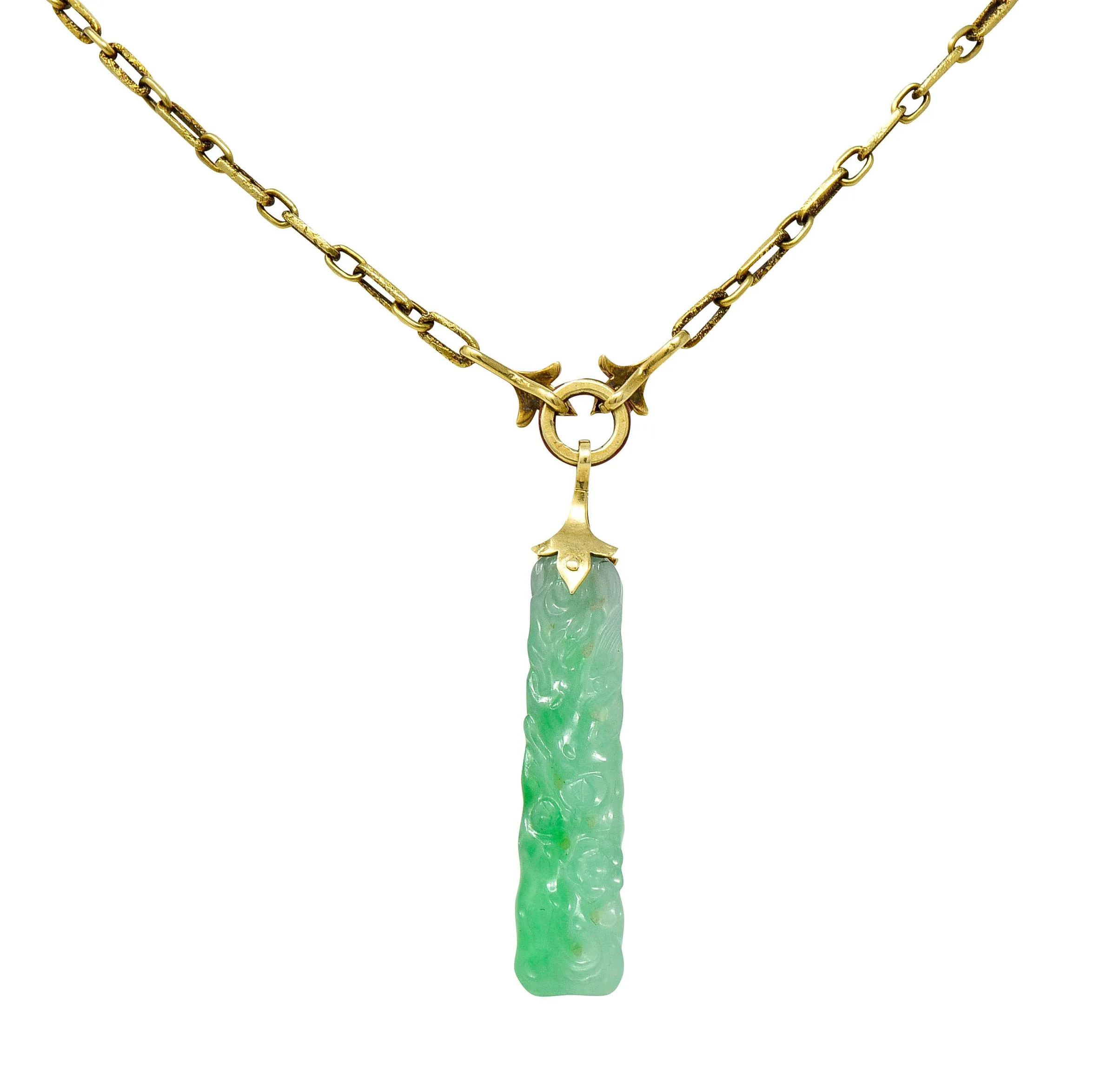 Art Deco Carved Jade Enamel 14 Karat Gold Drop Pendant Necklace