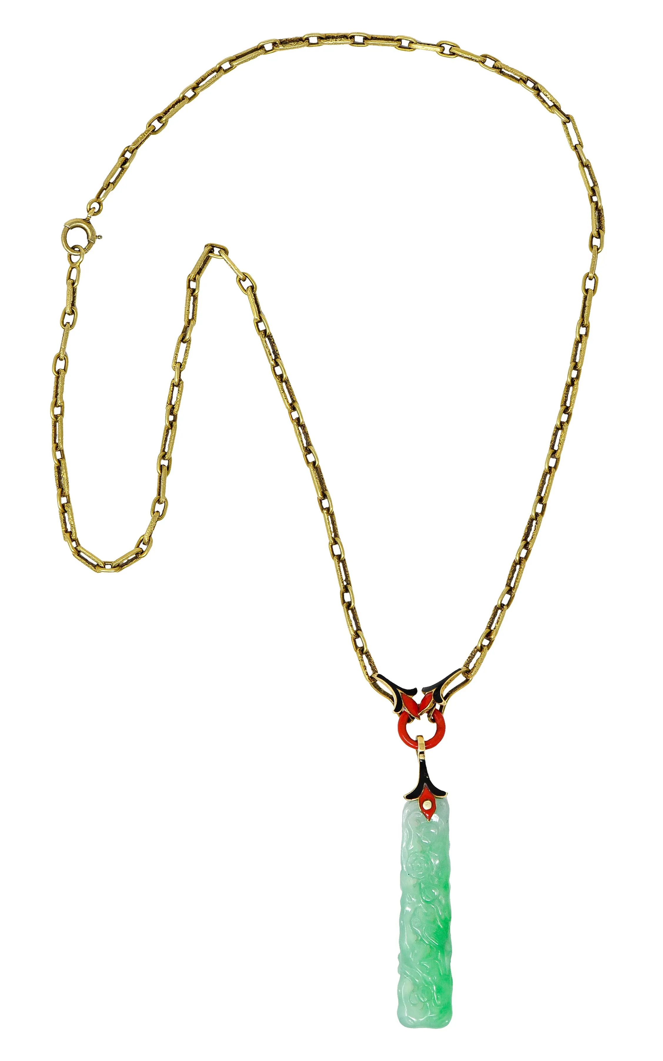 Art Deco Carved Jade Enamel 14 Karat Gold Drop Pendant Necklace