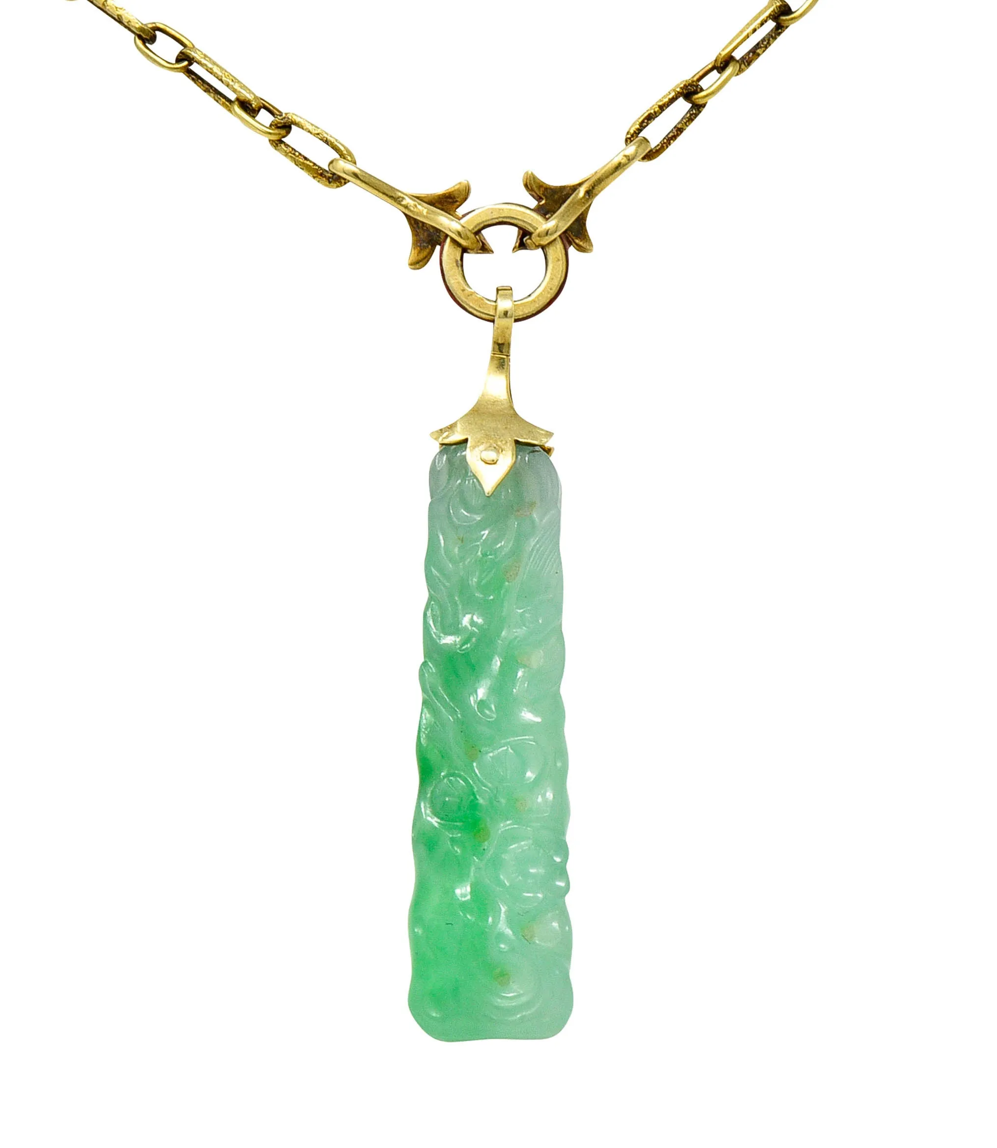Art Deco Carved Jade Enamel 14 Karat Gold Drop Pendant Necklace