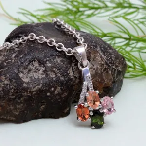 Art Deco Multi Tourmaline Pendant For Women 925 Sterling Silver Multi Stone Necklace For Gift