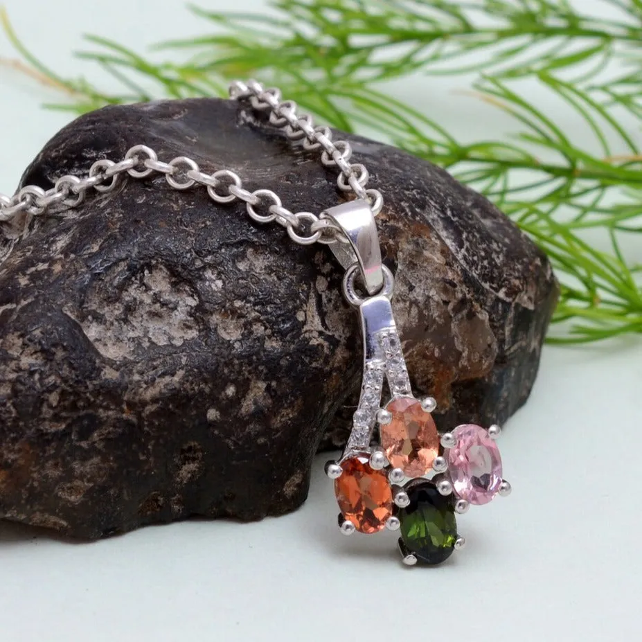 Art Deco Multi Tourmaline Pendant For Women 925 Sterling Silver Multi Stone Necklace For Gift