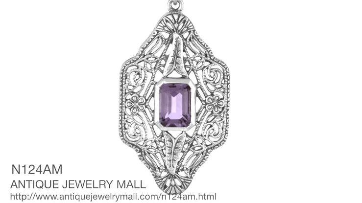 Art Deco Vintage Filigree Amethyst Dangle Drop Pendant Necklace in Sterling Silver