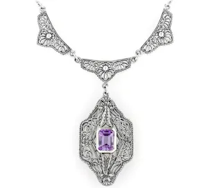 Art Deco Vintage Filigree Amethyst Dangle Drop Pendant Necklace in Sterling Silver