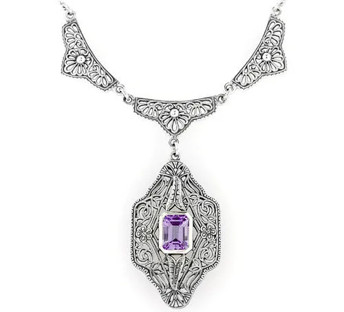Art Deco Vintage Filigree Amethyst Dangle Drop Pendant Necklace in Sterling Silver