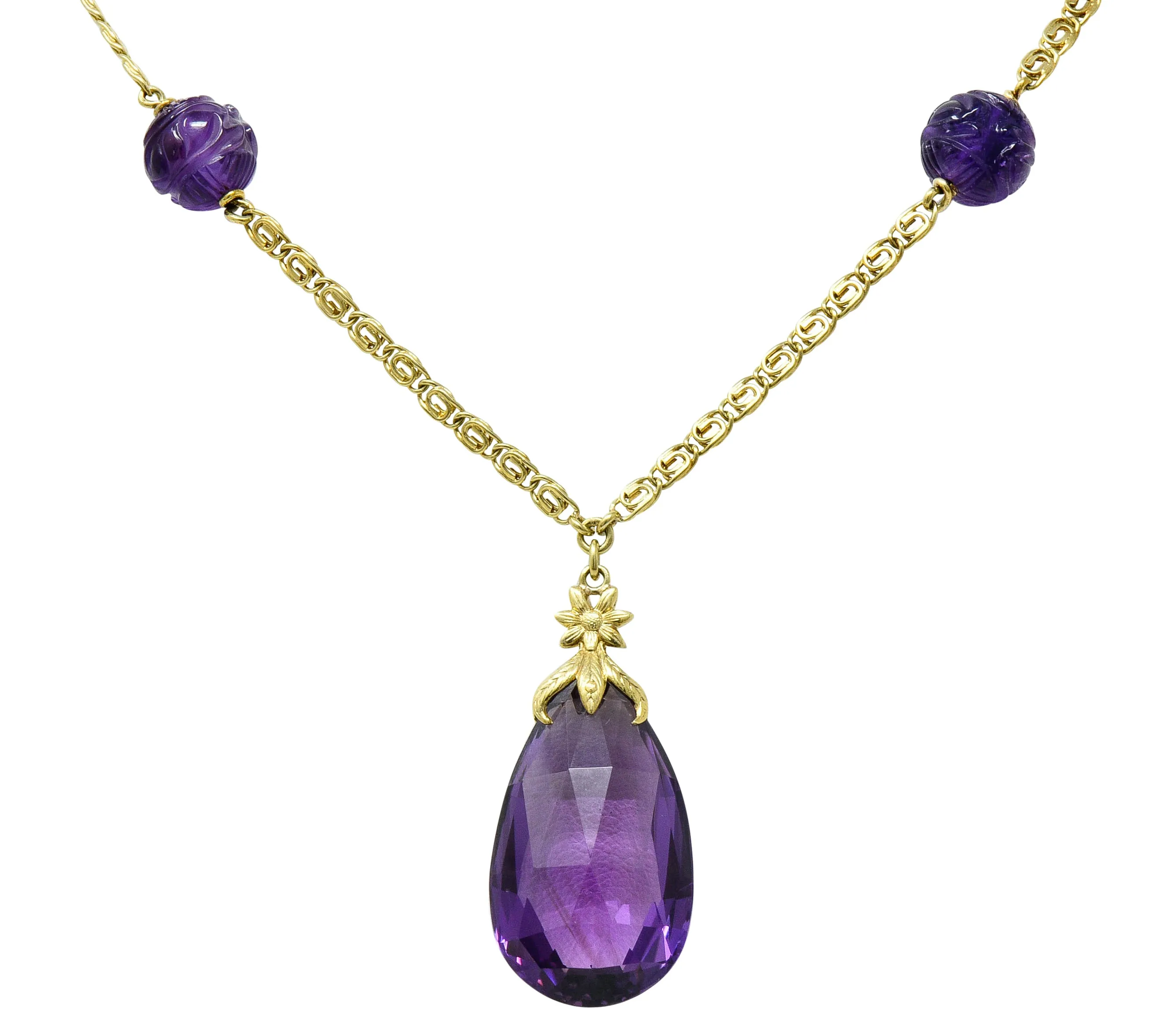 Art Nouveau Carved & Faceted Amethyst 14 Karat Gold Drop Necklace