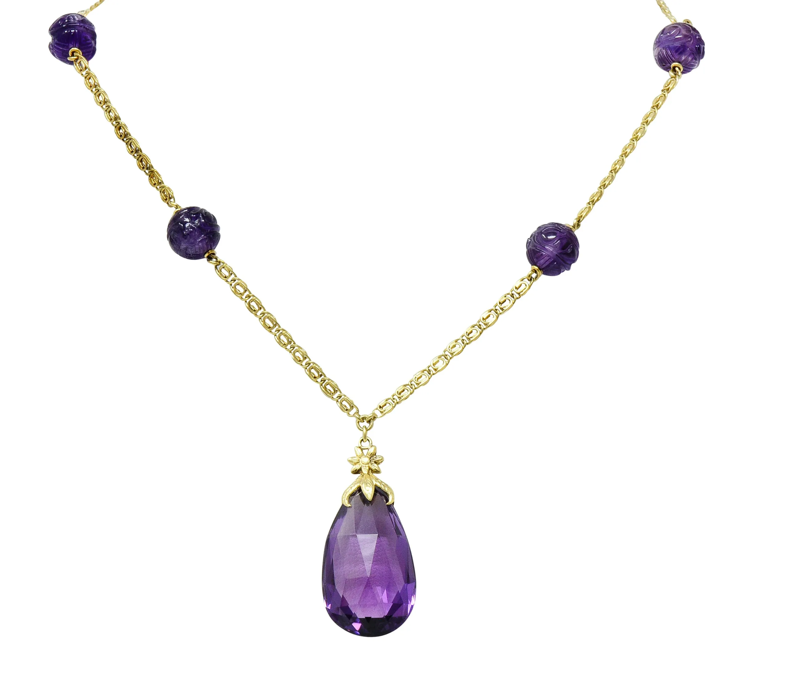 Art Nouveau Carved & Faceted Amethyst 14 Karat Gold Drop Necklace