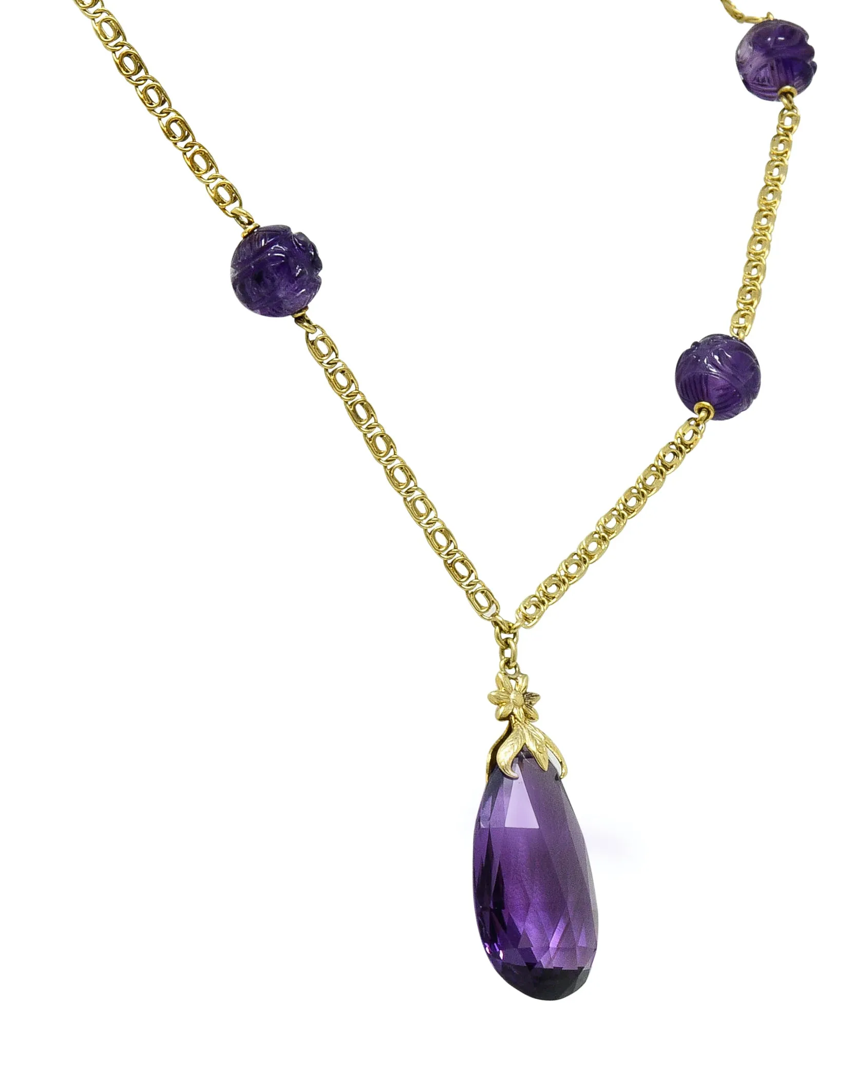 Art Nouveau Carved & Faceted Amethyst 14 Karat Gold Drop Necklace