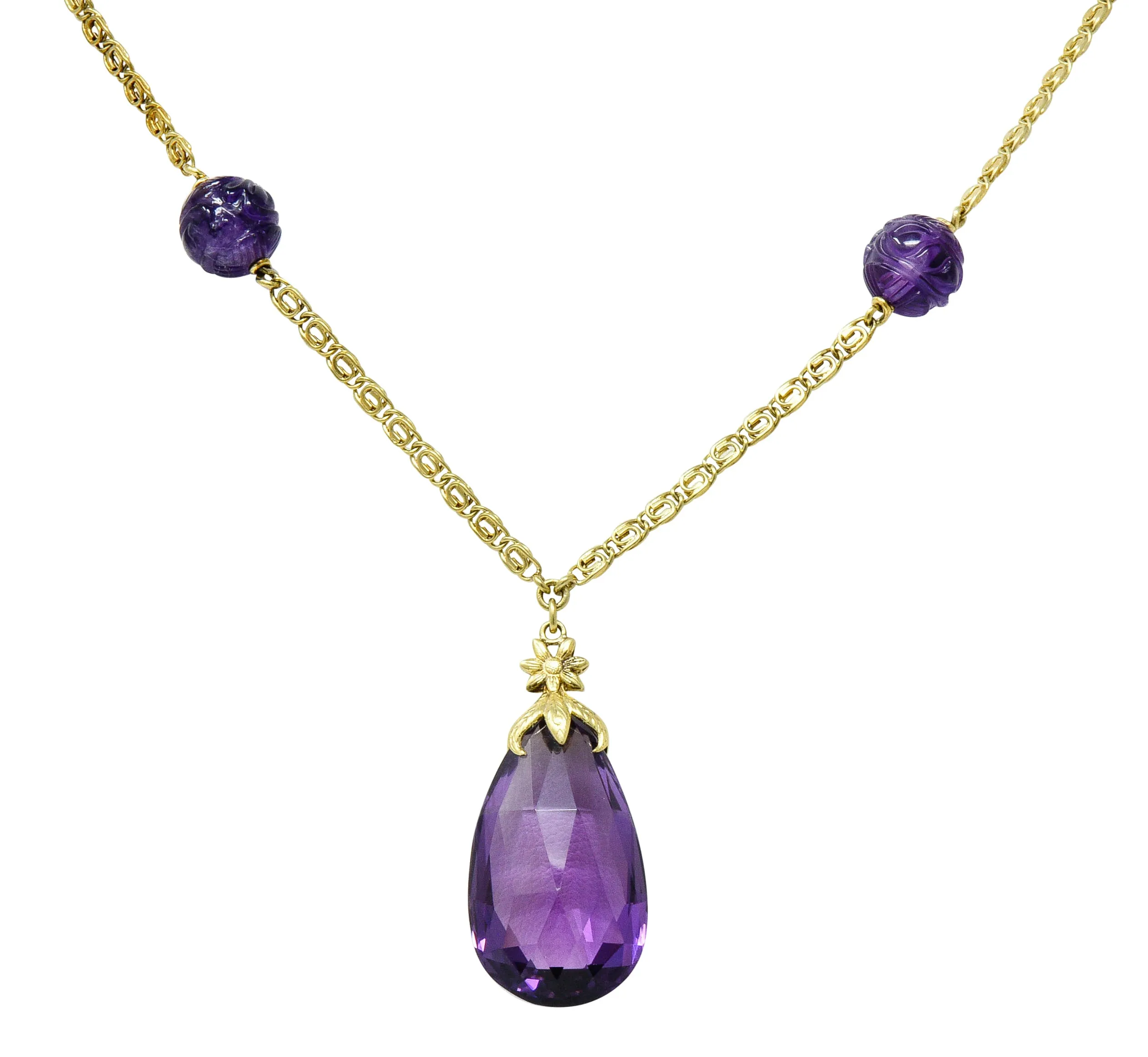 Art Nouveau Carved & Faceted Amethyst 14 Karat Gold Drop Necklace