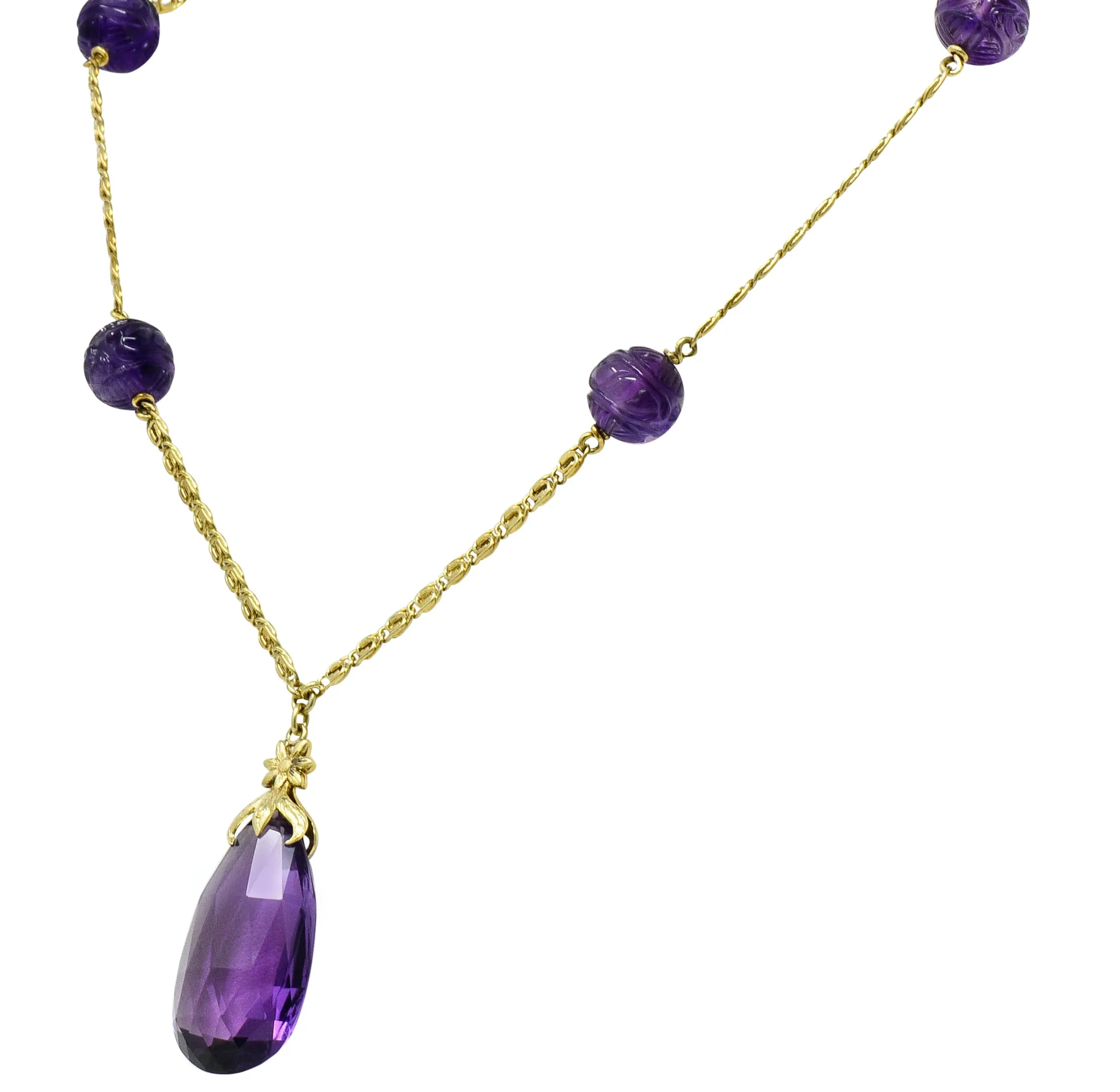 Art Nouveau Carved & Faceted Amethyst 14 Karat Gold Drop Necklace