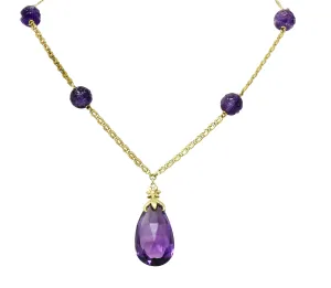 Art Nouveau Carved & Faceted Amethyst 14 Karat Gold Drop Necklace