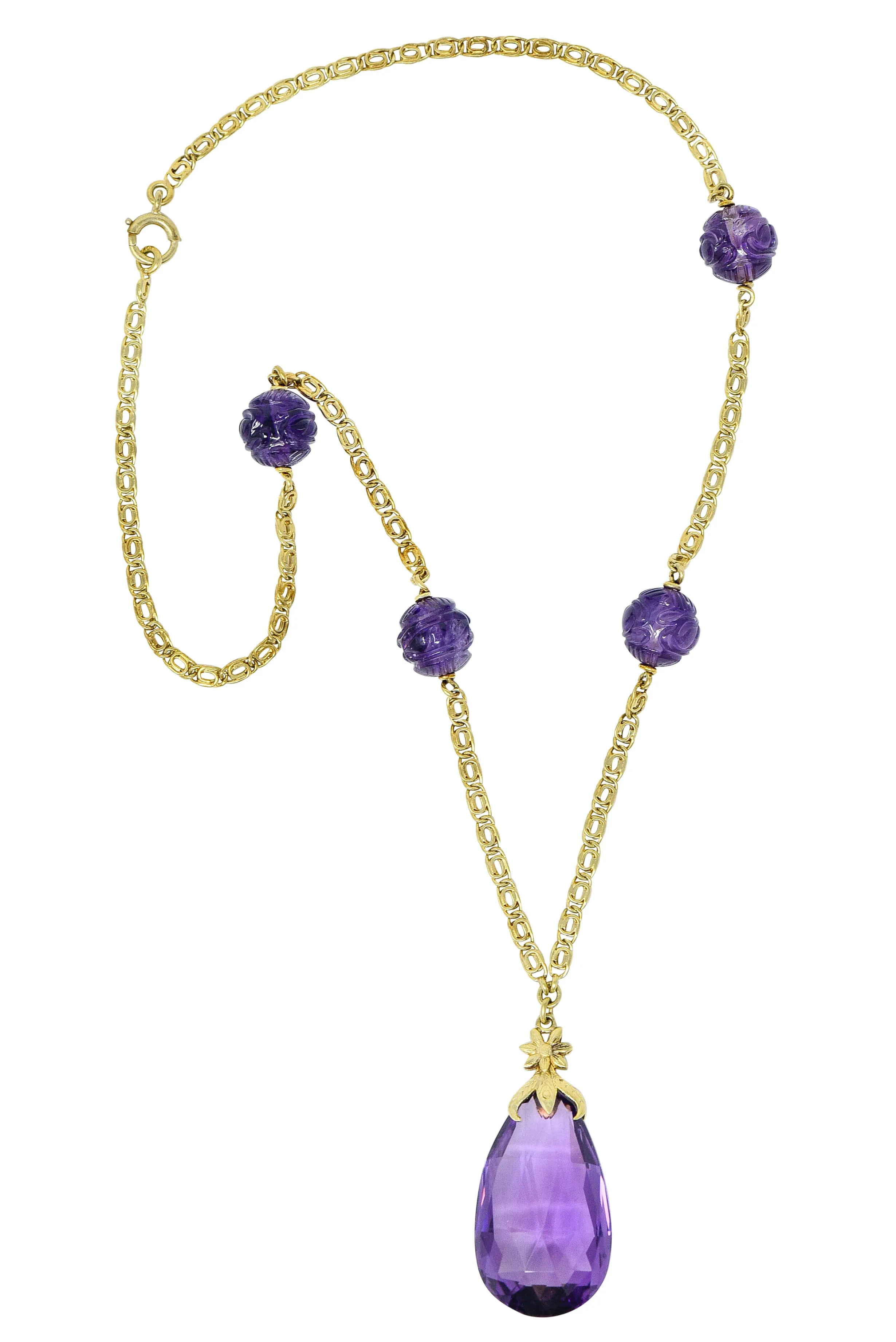 Art Nouveau Carved & Faceted Amethyst 14 Karat Gold Drop Necklace
