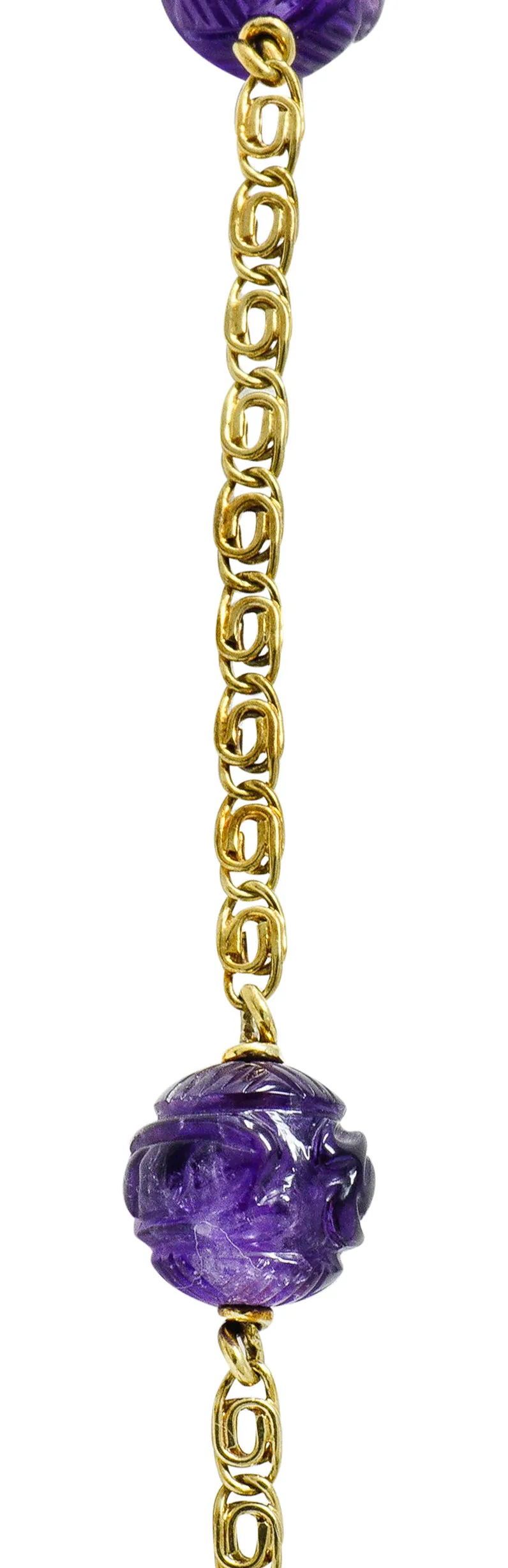 Art Nouveau Carved & Faceted Amethyst 14 Karat Gold Drop Necklace