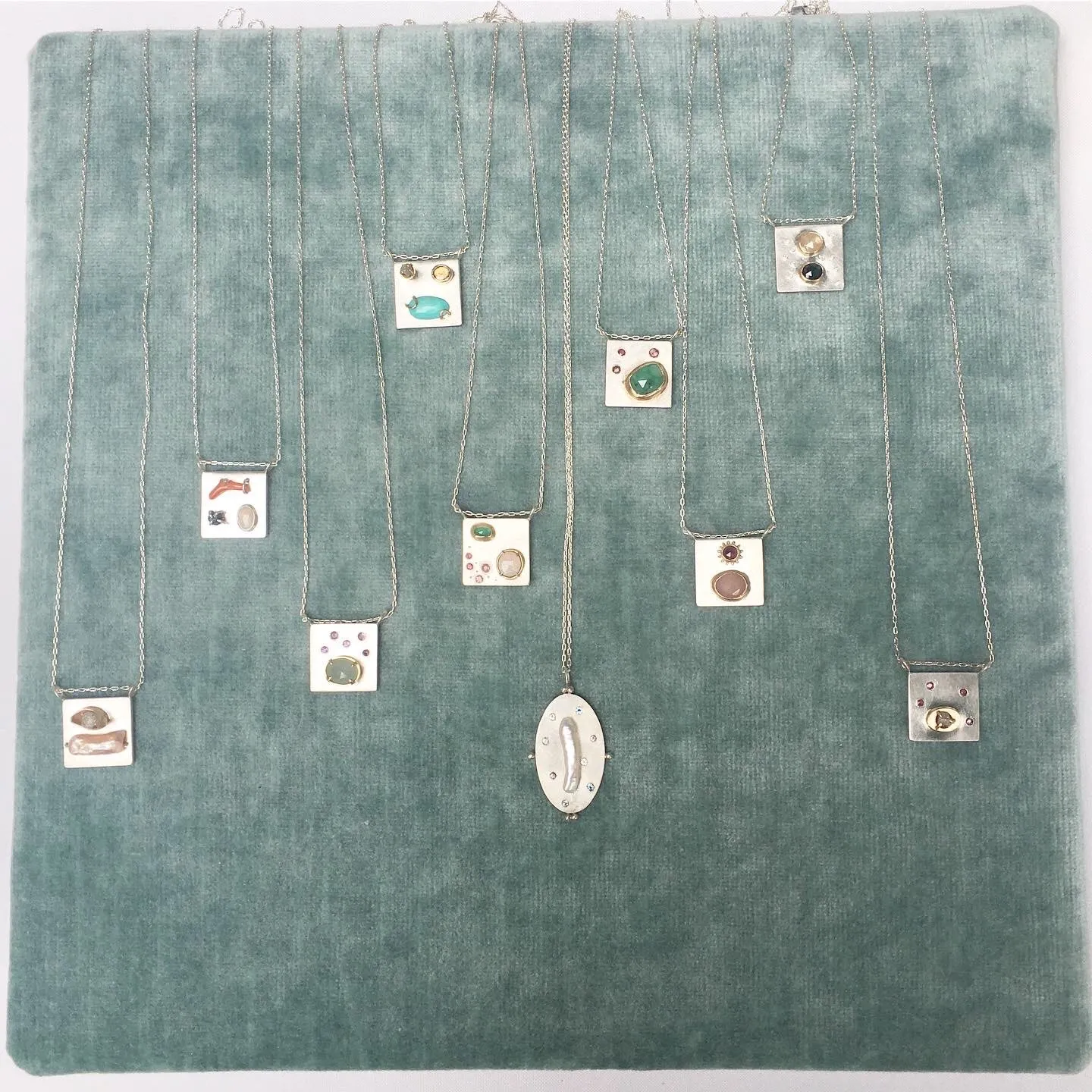 Art pendant necklace with keshi pearl and sapphires