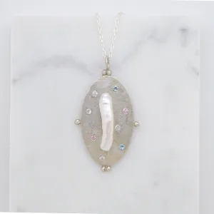 Art pendant necklace with keshi pearl and sapphires