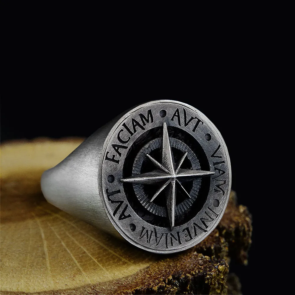 Aut Viam Inveniam Aut Faciam Latin Motto 925 Sterling Silver Men's Signet Ring