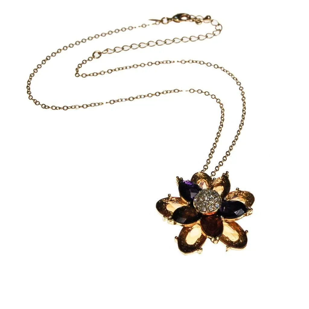 Avon Colorful Crystal Flower Pendant, Blue, Citrine, Olive, Gold, Rhinestones
