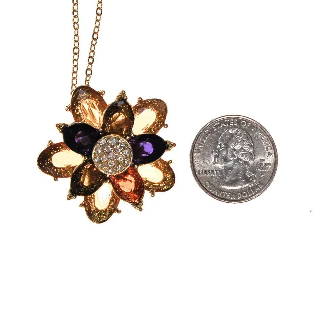 Avon Colorful Crystal Flower Pendant, Blue, Citrine, Olive, Gold, Rhinestones