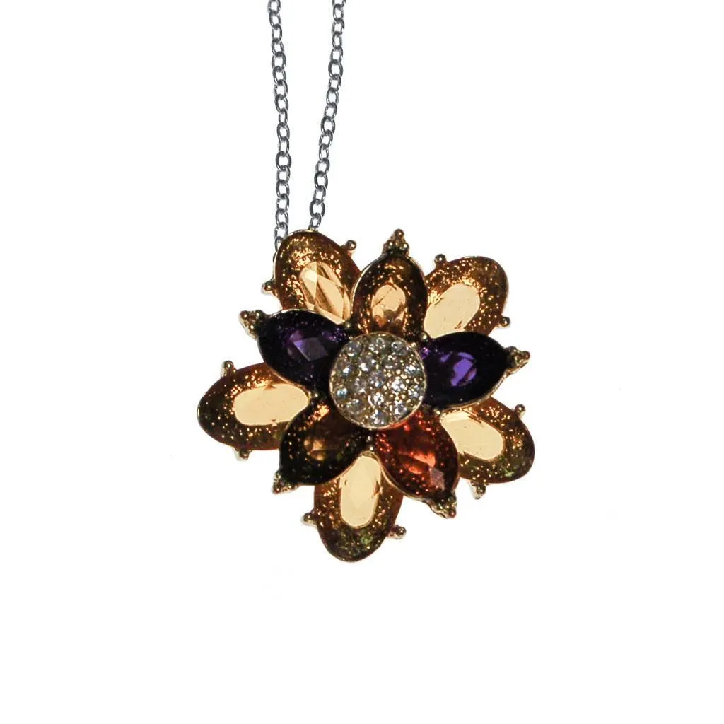 Avon Colorful Crystal Flower Pendant, Blue, Citrine, Olive, Gold, Rhinestones