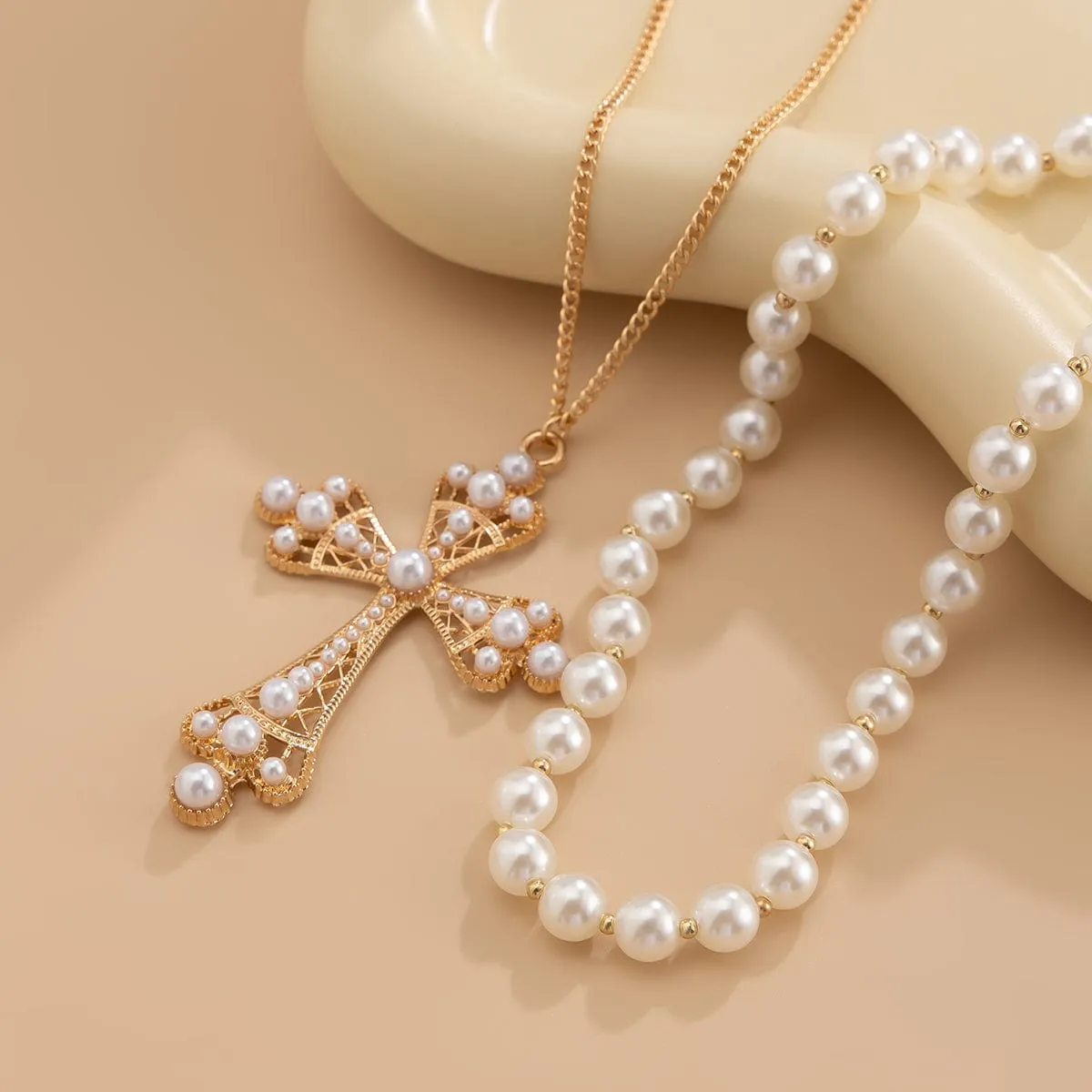 Baroque Layered Cross Pendant Pearl Chain Necklace Set