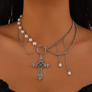 Baroque Layered Floral Cross Pendant Pearl Chain Choker Necklace