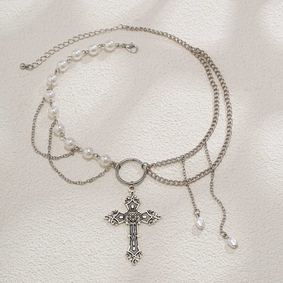 Baroque Layered Floral Cross Pendant Pearl Chain Choker Necklace