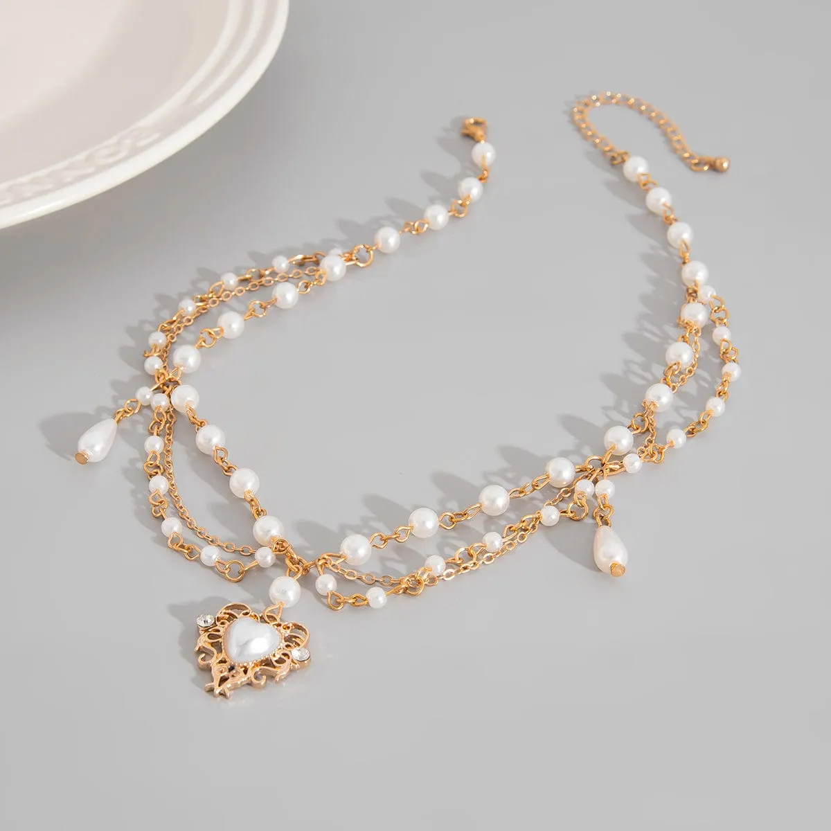 Baroque Layered Floral Heart Pendant Pearl Chain Necklace