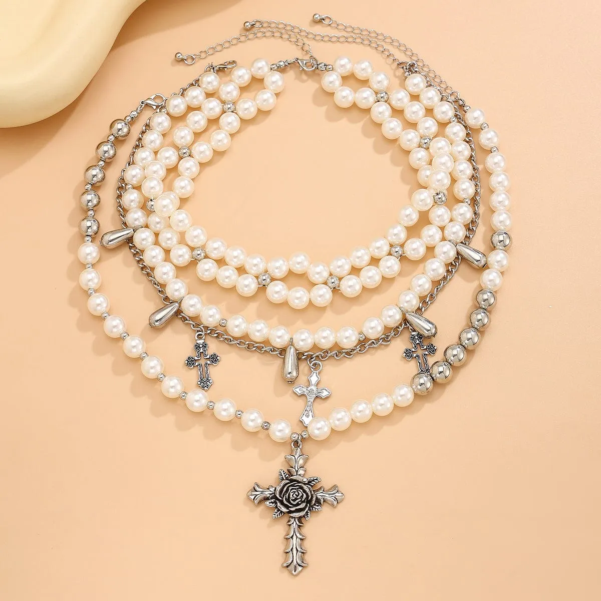 Baroque Layered Rose Cross Pendant Pearl Chain Necklace Set