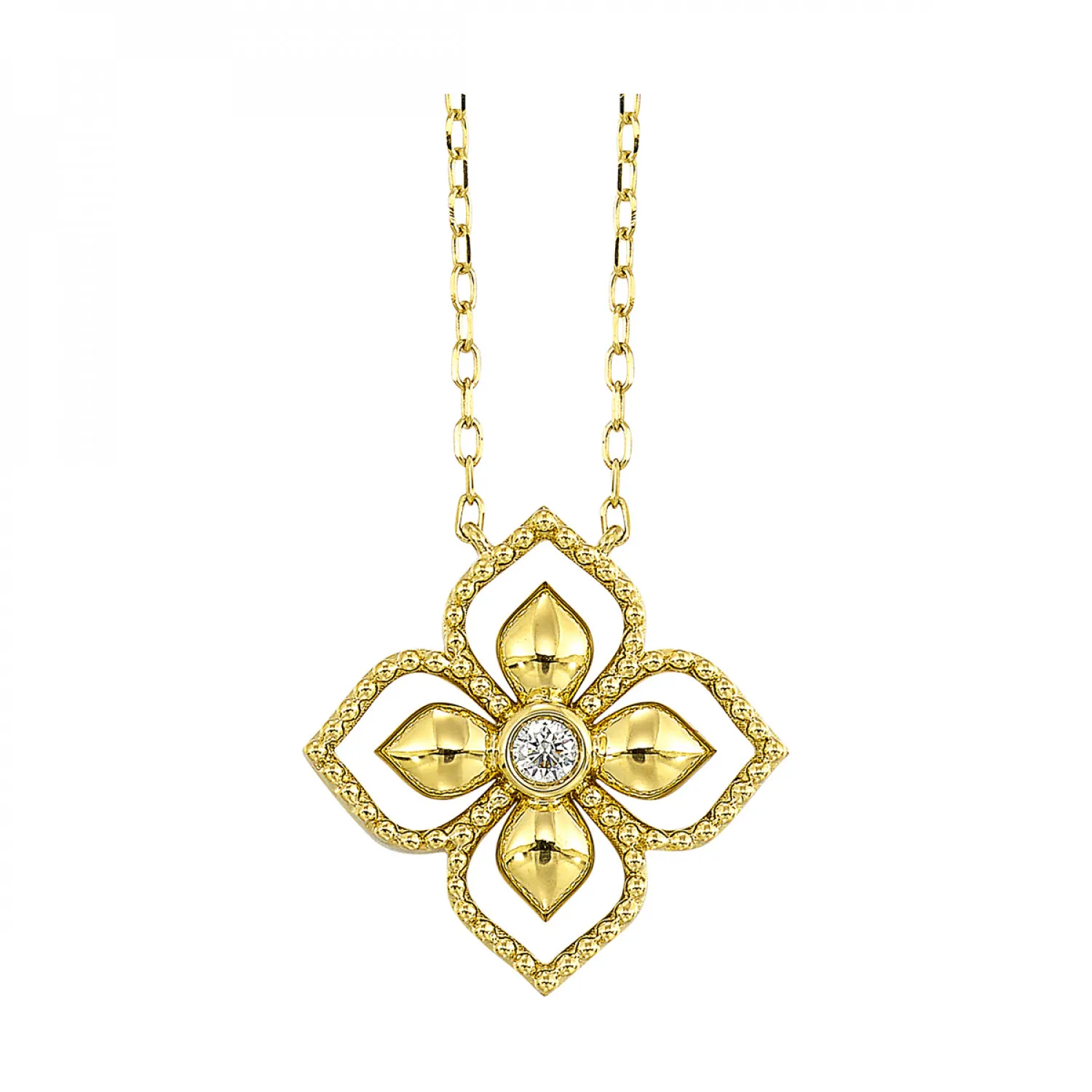Beaded 14K Yellow Gold Diamond Petal Pendant Necklace