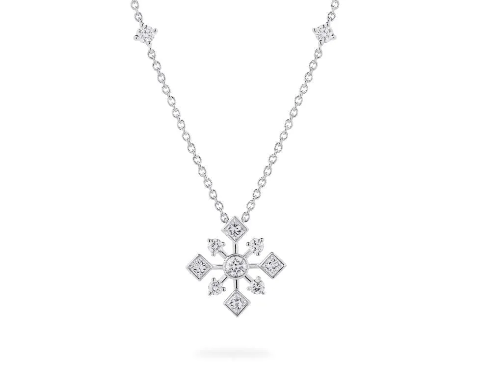 Birks 18K White Gold Snowflake Diamond Cluster Necklace