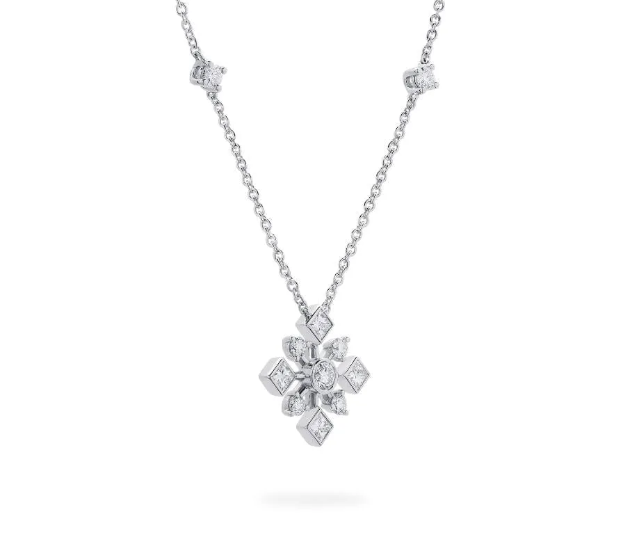 Birks 18K White Gold Snowflake Diamond Cluster Necklace