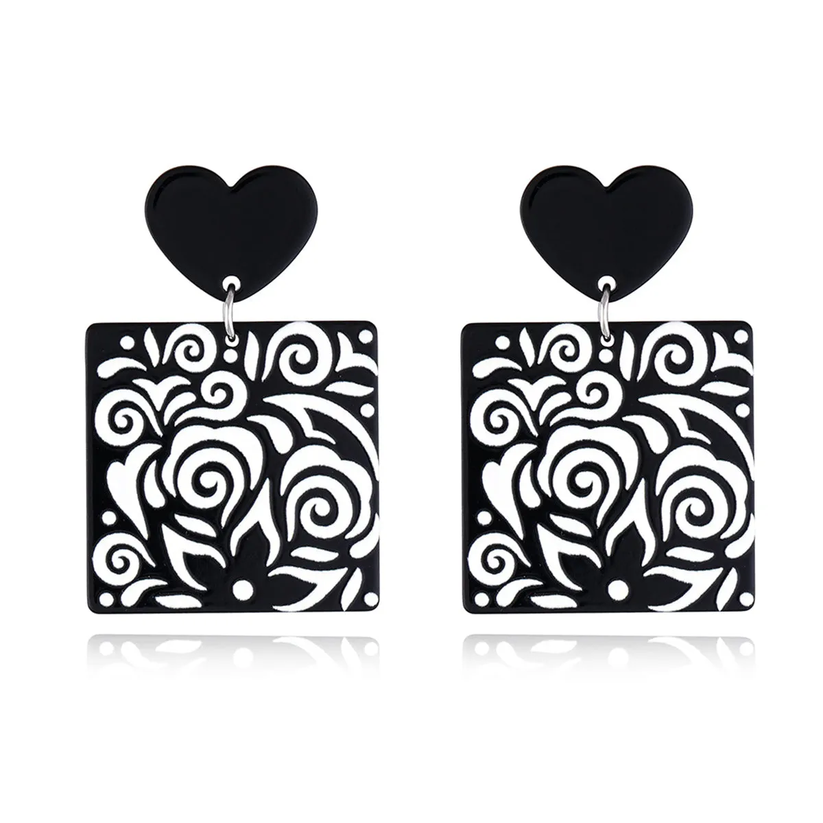Black Acrylic Heart Swirl Earrings