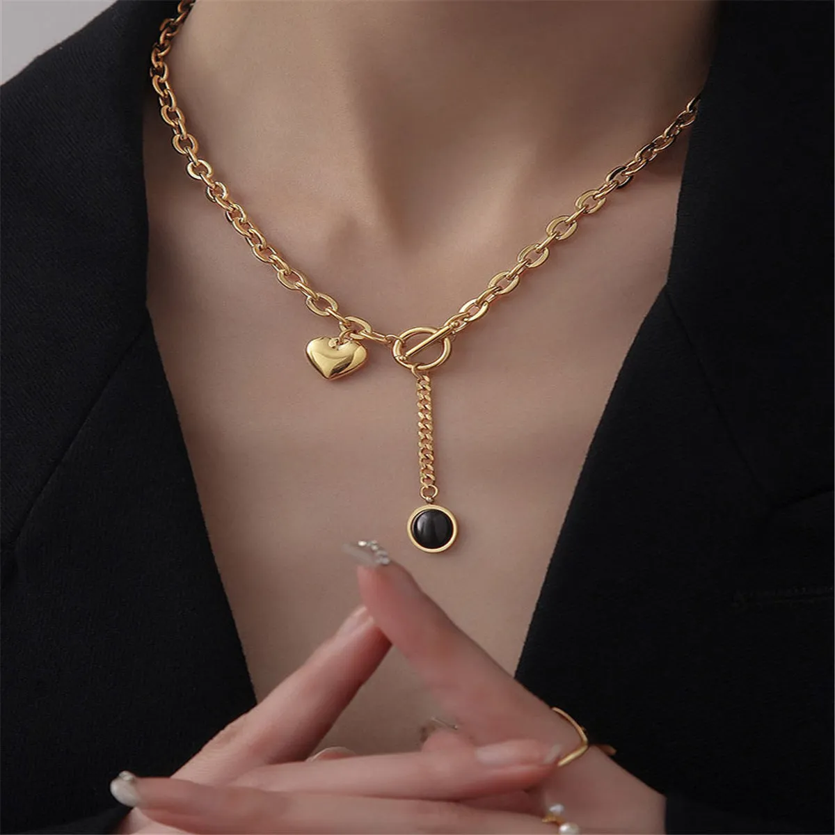 Black Crystal & 18K Gold-Plated Heart Drop Pendant Necklace