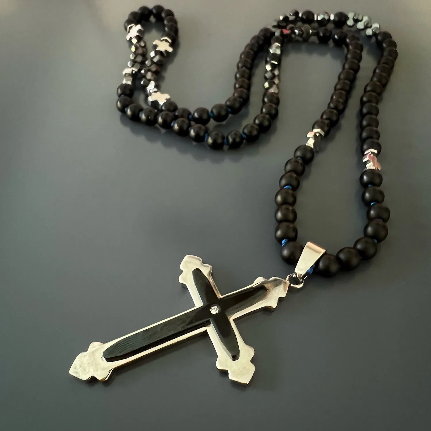 Black Onyx Cross Beaded Necklace