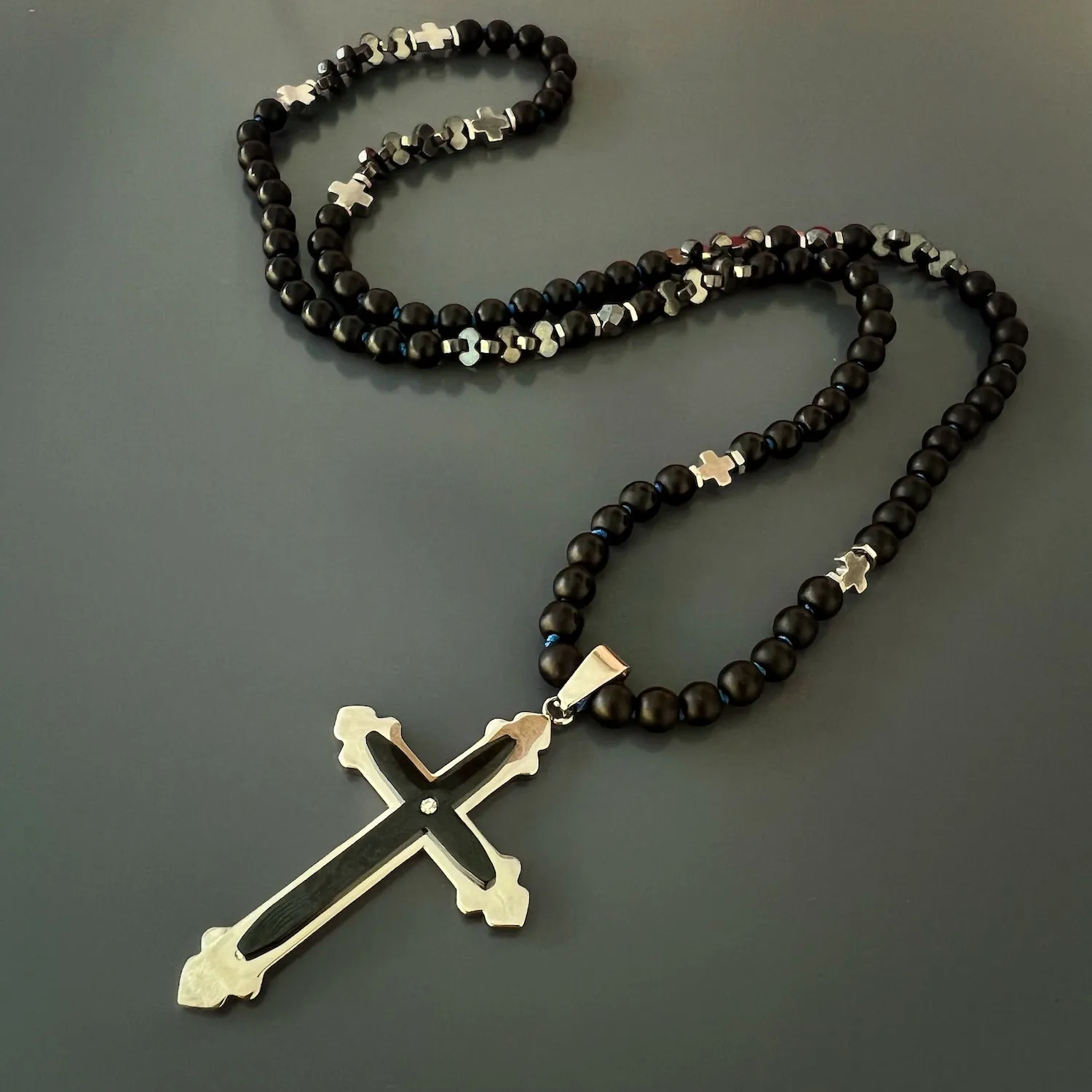 Black Onyx Cross Beaded Necklace
