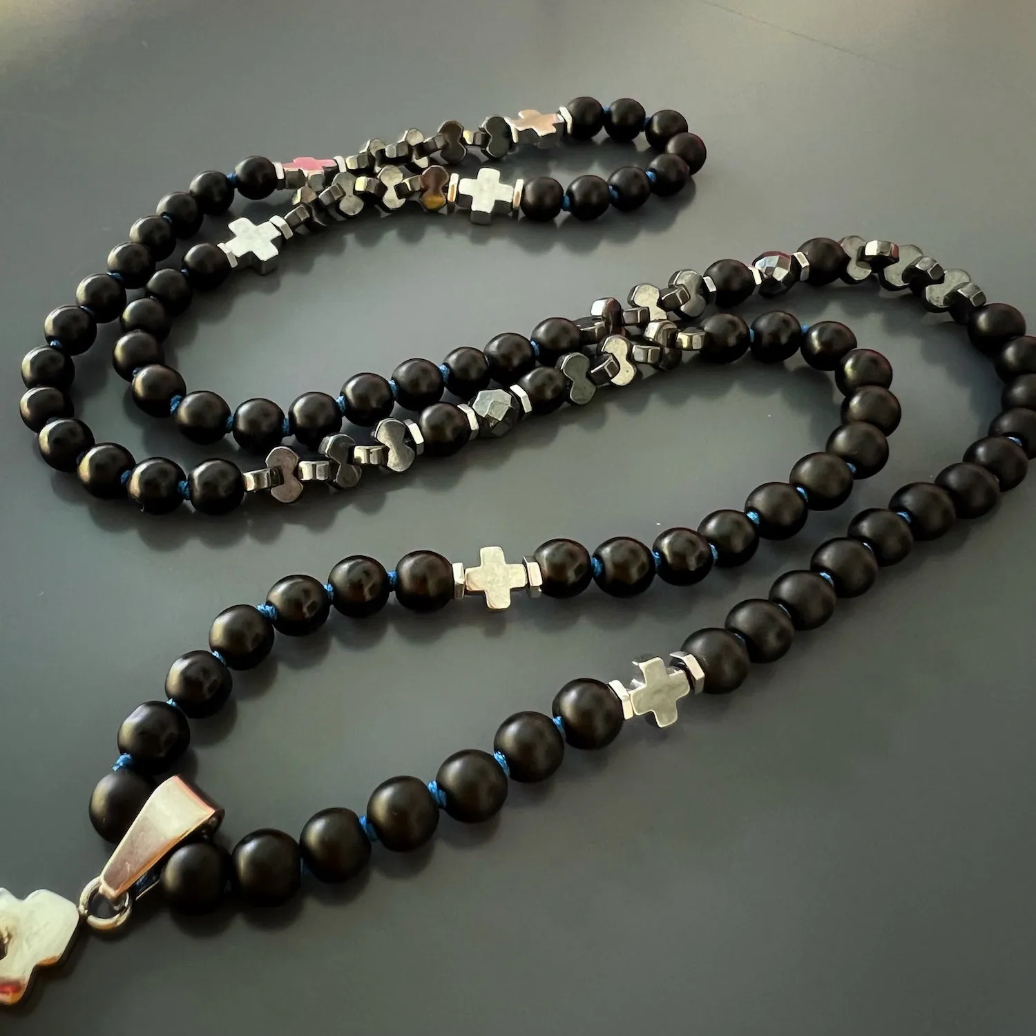 Black Onyx Cross Beaded Necklace