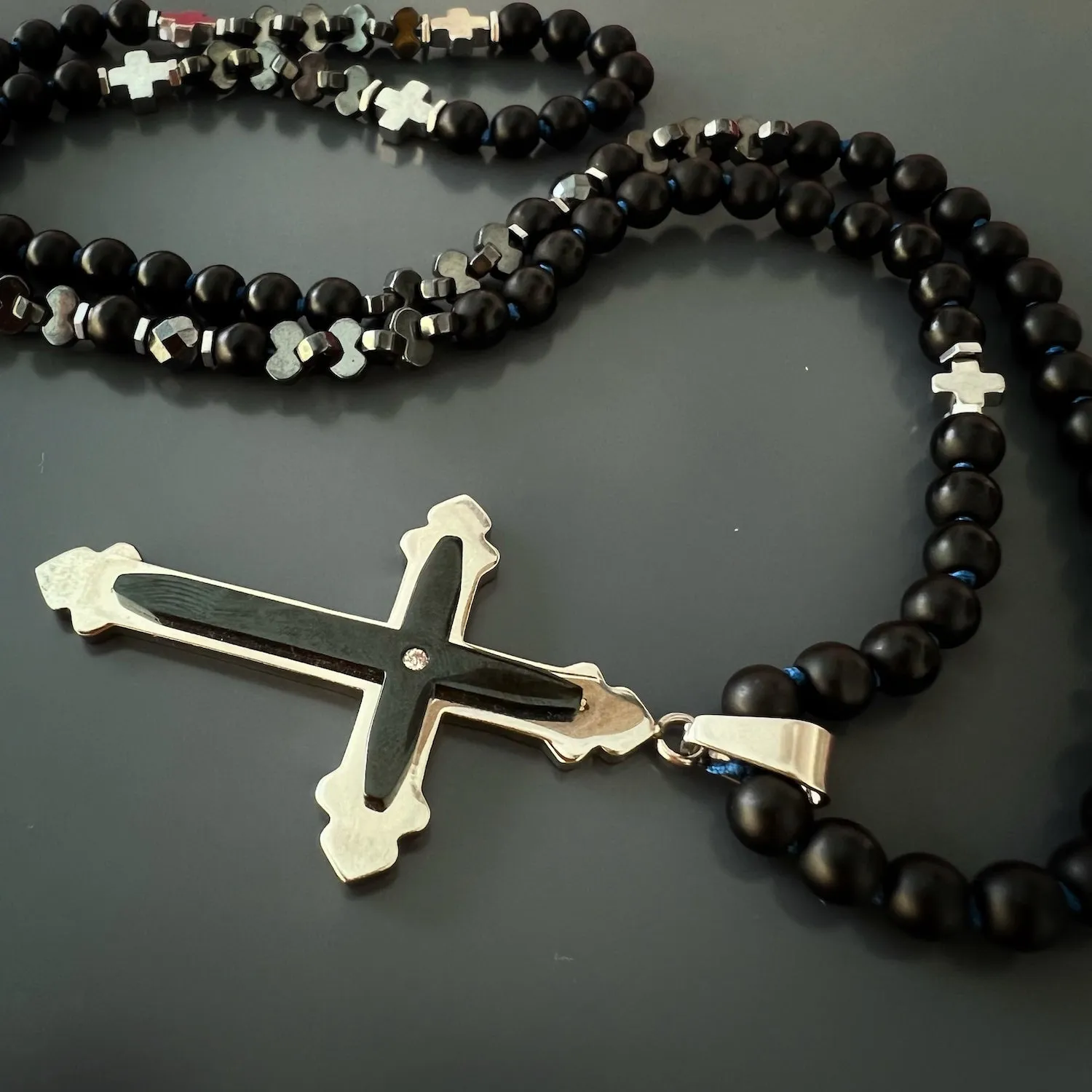 Black Onyx Cross Beaded Necklace