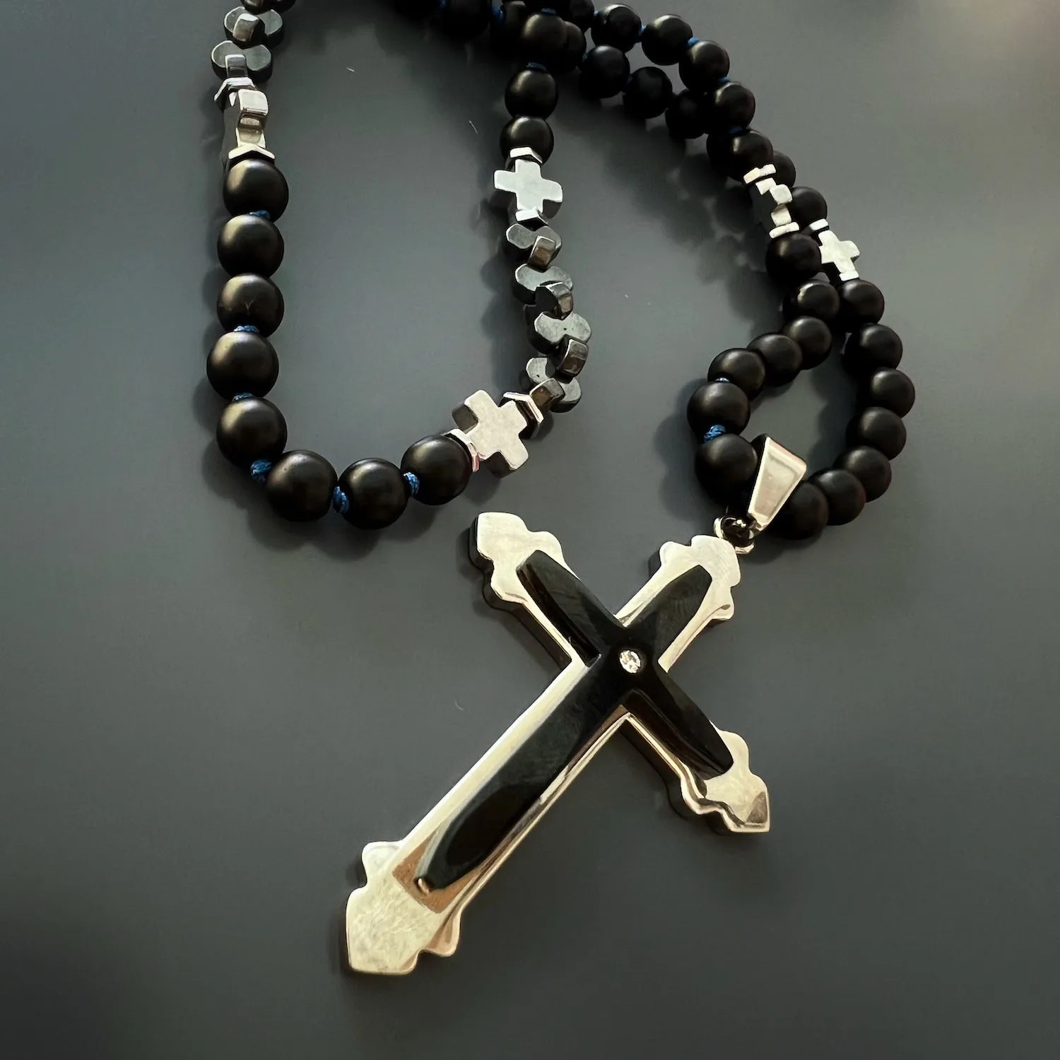 Black Onyx Cross Beaded Necklace