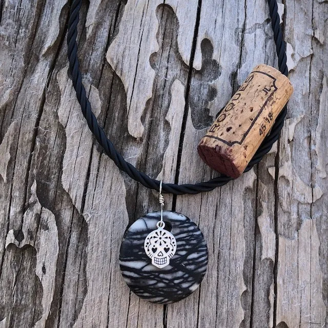 Black silk agate stone pendant necklace with silver sugar skull charm
