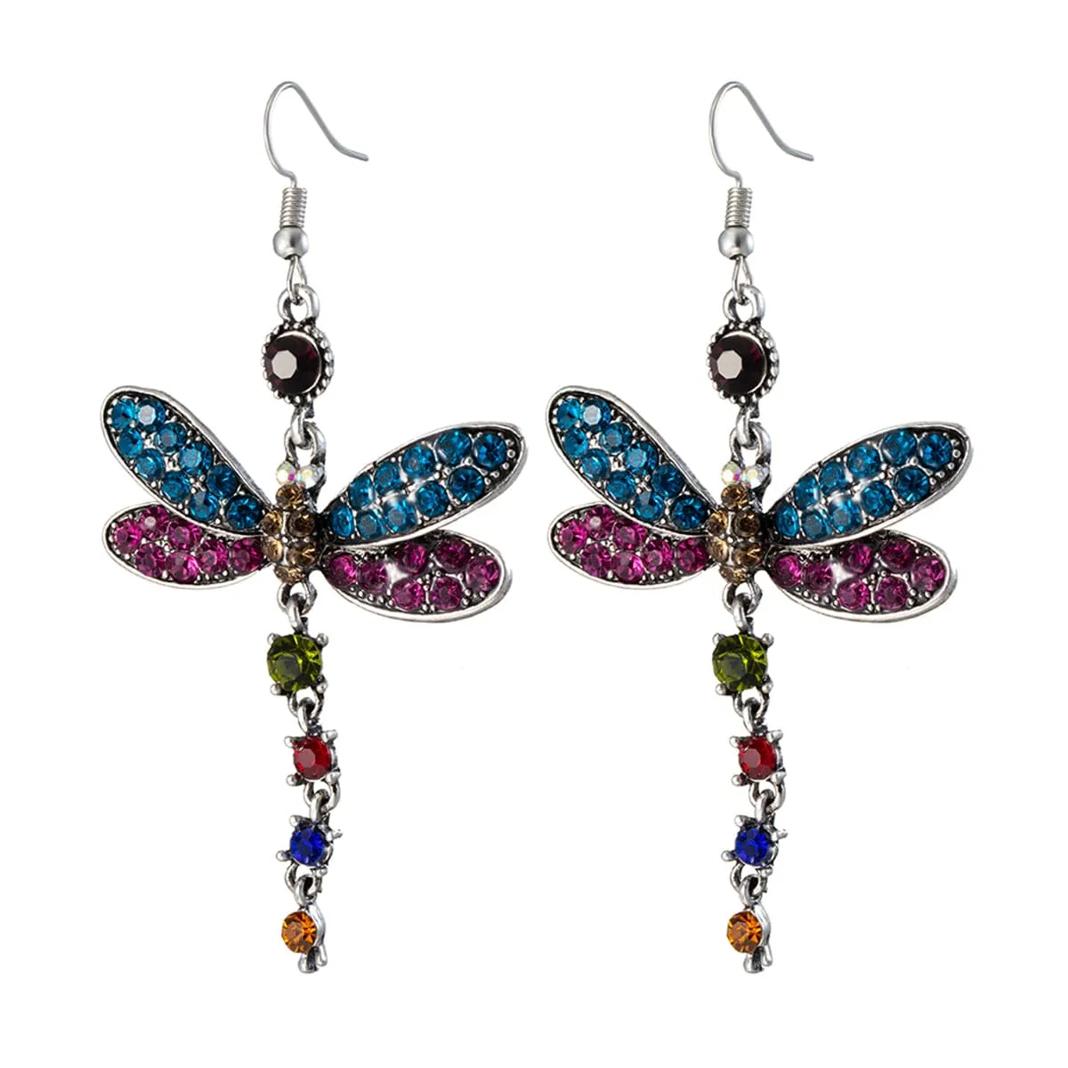 Blue & Pink Crystal & Silver-Plated Dragonfly Drop Earrings