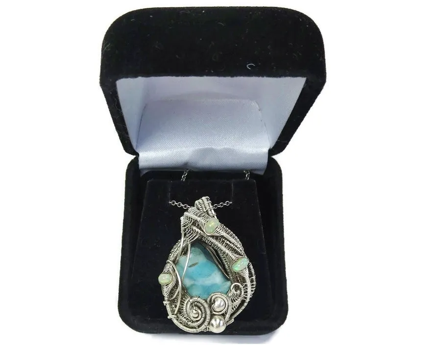 Blue Botyroidal Hemimorphite Druzy Wire-Wrapped Pendant in Sterling Silver with Ethiopian Welo Opals