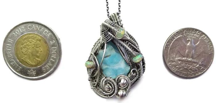 Blue Botyroidal Hemimorphite Druzy Wire-Wrapped Pendant in Sterling Silver with Ethiopian Welo Opals