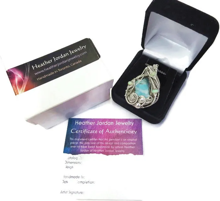 Blue Botyroidal Hemimorphite Druzy Wire-Wrapped Pendant in Sterling Silver with Ethiopian Welo Opals