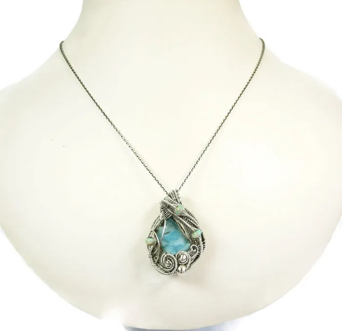 Blue Botyroidal Hemimorphite Druzy Wire-Wrapped Pendant in Sterling Silver with Ethiopian Welo Opals