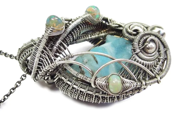 Blue Botyroidal Hemimorphite Druzy Wire-Wrapped Pendant in Sterling Silver with Ethiopian Welo Opals
