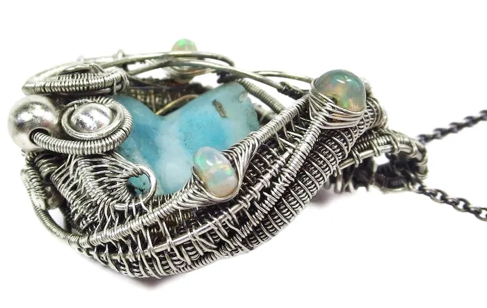 Blue Botyroidal Hemimorphite Druzy Wire-Wrapped Pendant in Sterling Silver with Ethiopian Welo Opals