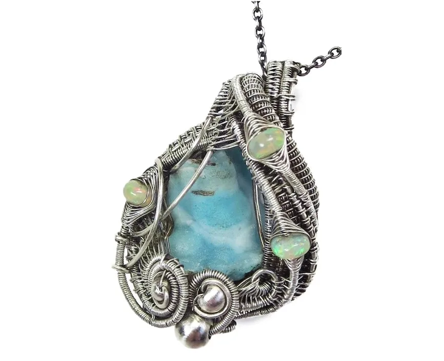 Blue Botyroidal Hemimorphite Druzy Wire-Wrapped Pendant in Sterling Silver with Ethiopian Welo Opals