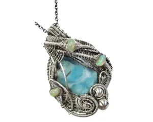 Blue Botyroidal Hemimorphite Druzy Wire-Wrapped Pendant in Sterling Silver with Ethiopian Welo Opals