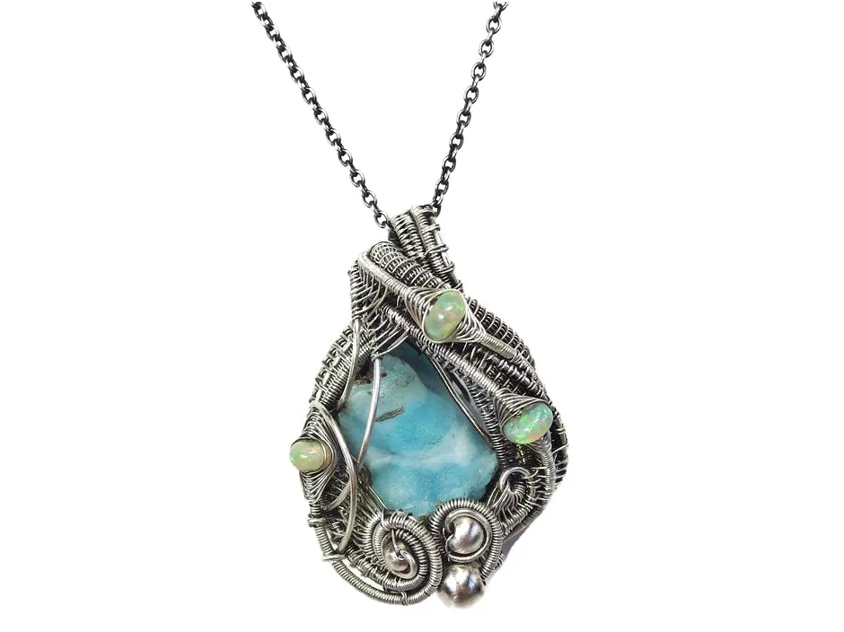 Blue Botyroidal Hemimorphite Druzy Wire-Wrapped Pendant in Sterling Silver with Ethiopian Welo Opals