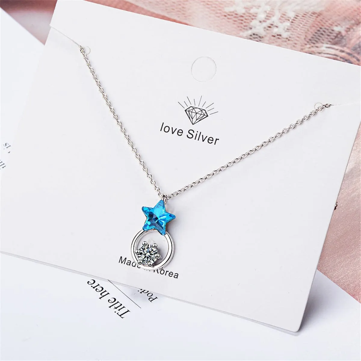 Blue Crystal & Cubic Zirconia Star Ring Pendant Necklace